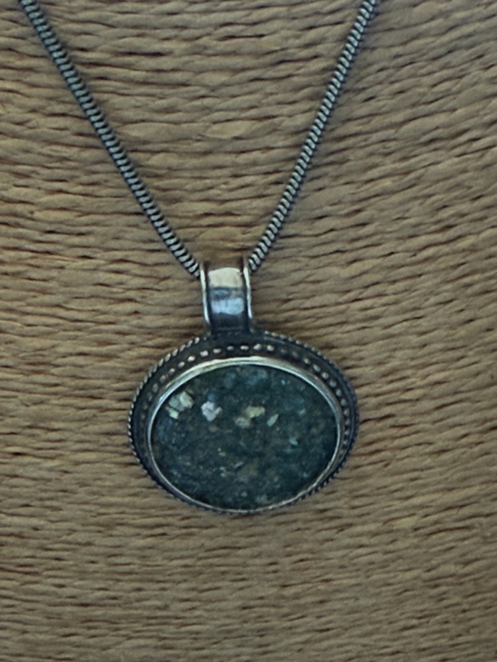 Sterling Silver roman glass Pendant sterling silver chain needs polishing signed